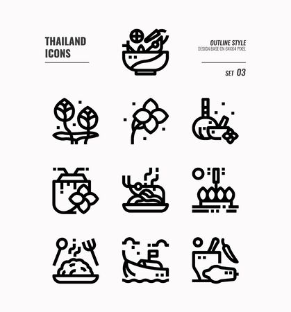 Thailand line icon set 3. Include food, flower, festival, landmark and more. Outline icons Design. vectorのイラスト素材