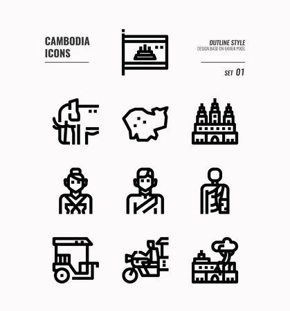 Cambodia line icon set 1. Include flag, landmark, people, culture and more. Outline icons Design. vectorのイラスト素材