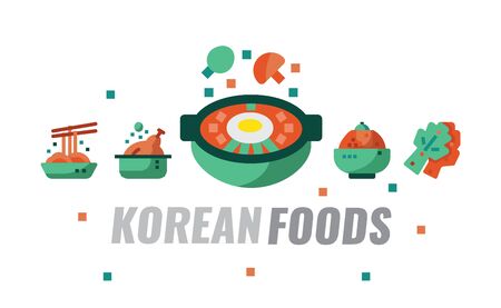 Korean foods, cuisine, recipes banner. Flat design vector illustrationのイラスト素材