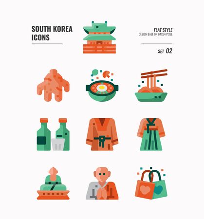 South Korea icon set . Include landmark, food, Traditional Culture and more. Flat icons Design. vector illustrationのイラスト素材