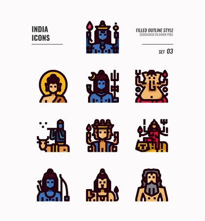 India icon set. Include India Spiritual, Hindu, Buddhism and more. Filled Outline icons Design. vector illustrationのイラスト素材