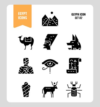 Egypt icon set 2. Include Pyramid, Anubis, god, mummy, camel and more. Glyph icons Design. vectorのイラスト素材
