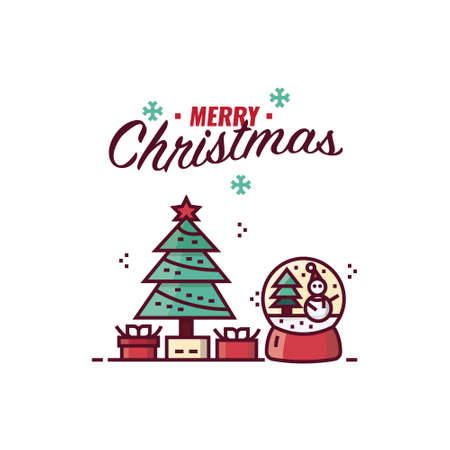Merry Christmas graphic for card, banner, poster. Christmas tree, gifts and Christmas ball. flat design vector illustrationのイラスト素材