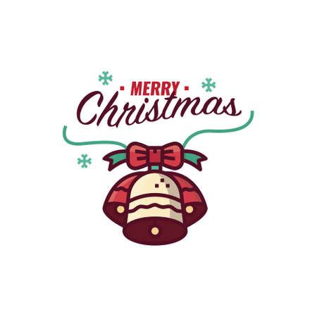 Merry Christmas graphic for card, banner, poster. Christmas decoration with Bell and bow with lettering. flat design vector illustrationのイラスト素材