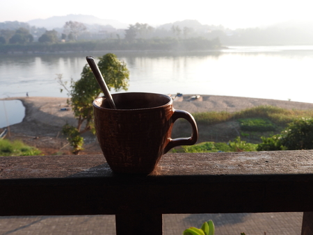morning hot coffee on terraceの写真素材