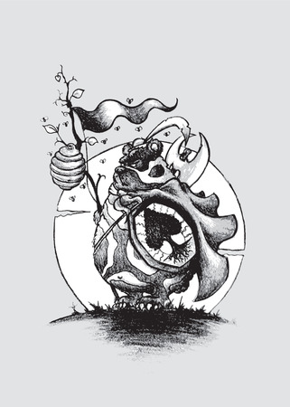 Nature warrior bear.Imaginary character. Pencil drawing illustration.のイラスト素材
