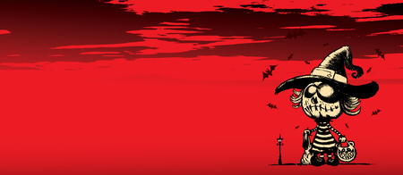 Halloween pumpkin girl.imaginary halloween character surrounded by bats under a blood red skyのイラスト素材