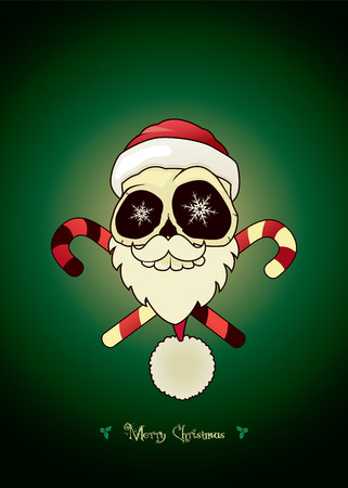 Santa skull with crossed candies.Unusual cartoon Christmas character. Christmas card vector illustrationのイラスト素材