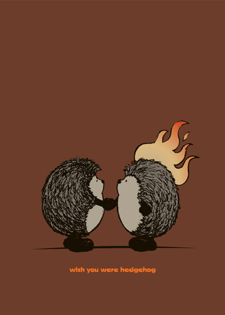 Wish you are hedgehog.Two hedgehogs shaking hands,one of them is on fire. Funny poster designのイラスト素材