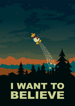 I want to believe.Night scene landscape illustration with cute flying penguinのイラスト素材