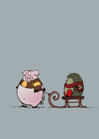 Pig and hedgehog with scarfs.Sweet looking cartoon characters.Isolated vector illustrationのイラスト素材