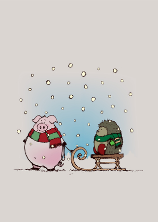 Pig and hedgehog with scarfs.Sweet looking cartoon characters.Winter scene illustrationのイラスト素材