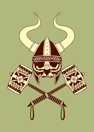 Viking skull with horned helmet and two crossed war hammers.のイラスト素材