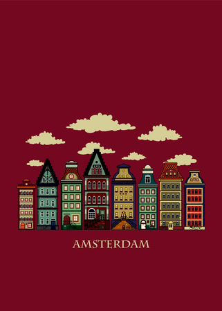 Amsterdam houses.Colorful vector illustration of old Amsterdam houses.Vertical greeting card designのイラスト素材