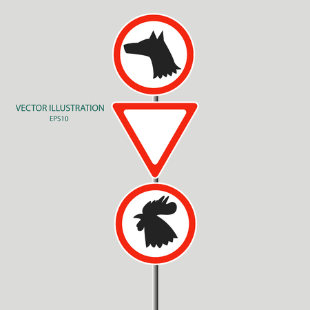 2018 New Year Concept; Silhouette illustration icon of dog and rooster on the road sign with the sign giving way to the new year 2018.のイラスト素材