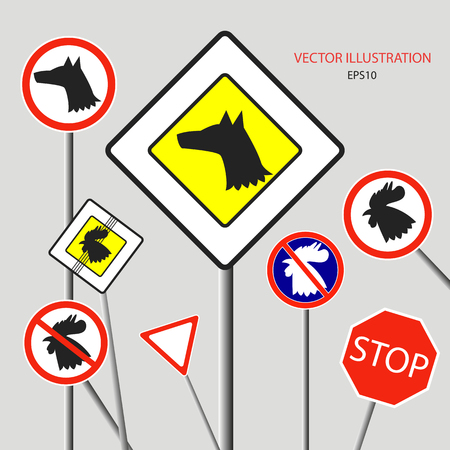 2018 New Year Concept; Dog and rooster road sign in silhouette illustration which can be use for card, emblem, poster and banner.のイラスト素材