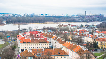 Panoramic view of Warsaw. The transport highway is directed to the bridge over the Vistula River. In the background is a modern view of the cityのeditorial素材