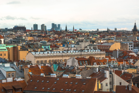 Panorama of the city of Prague. The old part of the city. Beautiful roofs of shingles. Ancient buildings and churches.の写真素材