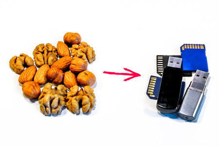 Composition of nuts and memory cards. Symbolizes the useful properties of nuts to improve human...
