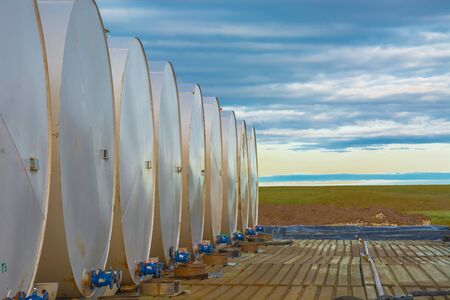 Horizontally located cylindrical tanks with oil products and fuel for equipment. Installed in one...