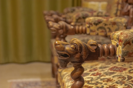 Moscow / Russia - February 18 2020: Blurred image of the interior with antique furniture and utensils. Ceramics and furniture in Breton style.のeditorial素材