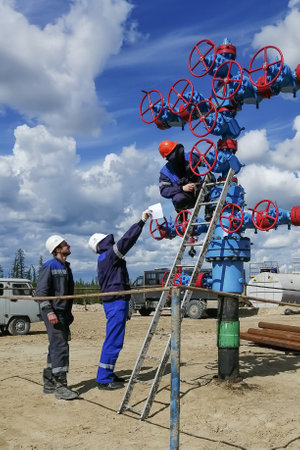Novy Urengoy / Russia - May 06 2020: The directional drilling specialist installs navigation and...