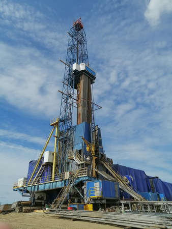 General view of the construction of a drilling rig for drilling oil and gas wells. Oil rig,...
