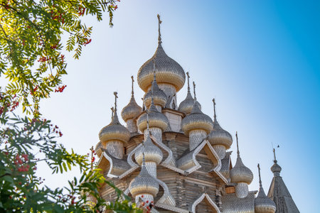 Landscape on the Kizhi island in Lake Onega on a summer sunny day. Reed thickets in the foreground. A wooden temple in the distance behind the treesのeditorial素材