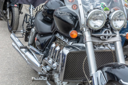 Tver Russia - April 21 2021: Close-up image of modern motorcycles of various brands and models. Striking nickel-plated details, engineering design. Techno art style background imageのeditorial素材