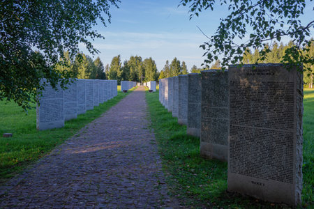 Rzhev Russia - August 26 2020: Burial of German soldiers who died in World War II. Stone tombstones with the names of fallen soldiers and officers in German. The inscription Here they restのeditorial素材