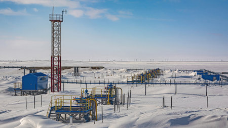 A general view of a drilling rig for drilling wells at an oil and gas field in the Arctic region....