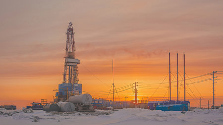 A general view of a drilling rig for drilling wells at an oil and gas field in the Arctic region. Winter. day. Drilling equipment and technical infrastructureの写真素材