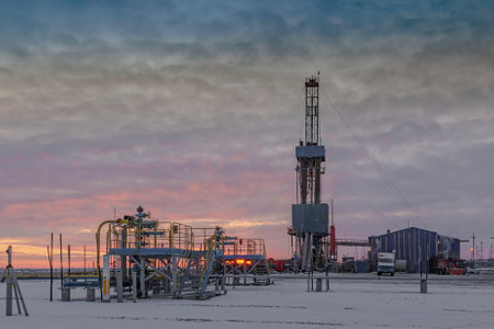 A group of gas producing wells in the Arctic field of Siberia. polar winter day. Well equipment and...
