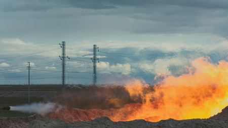 Development of gas wells in the northern gas field. Flaring of contaminated gas during bottom-hole cleaning of the pay zone. Flow of gas from the well under high pressure. beautiful orange flameの写真素材