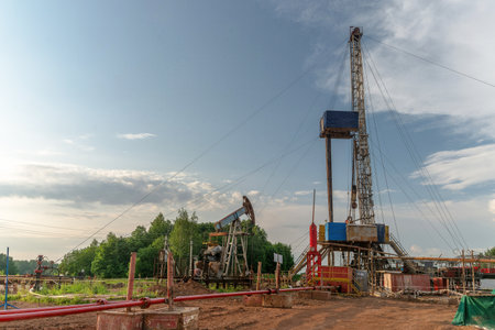 Drilling a well in an oil field. In the foreground is a mobile drilling rig. In the background, oil...