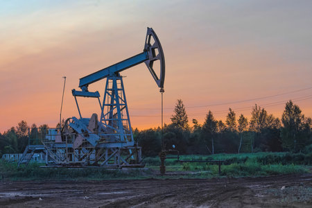 Oil production at the field. Extraction of oil from the reservoir using a rocking machine. The construction of the rocking machine. Summer. Beautiful sky and natureの写真素材
