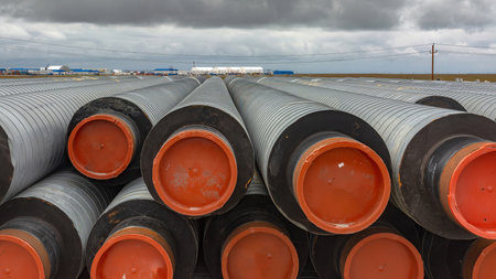 Stored pipes for the gas pipeline, covered with thermal insulation. For laying in the conditions of...