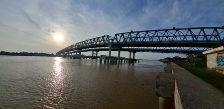 Panorama view of Kapuas 2 Bridge when sunrise from the eastの写真素材