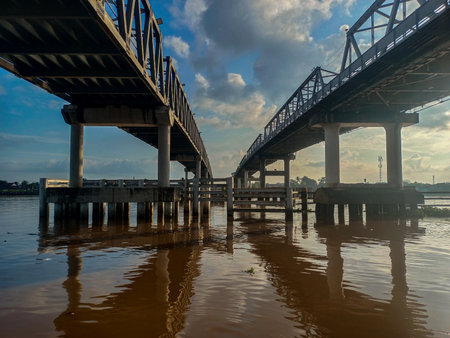The Kapuas Double Bridges are supported by massive cylindrical concrete pillars partially submerged...