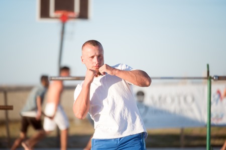 Man performs a workout on the Playgroundの写真素材