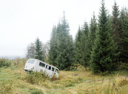 Truck fell into a ravine in a pine forestの写真素材