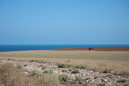 View of spacious plain running far away with small house on background.の写真素材