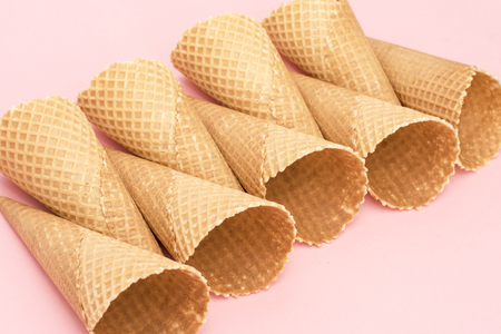 Ice cream cones on pink backgroundの写真素材