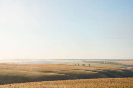 Landscape of early autumn with hills, fields, trees.の写真素材