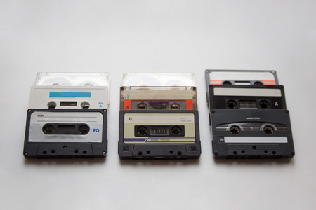 Retro audio cassette tapes isolated on white backgroundの写真素材