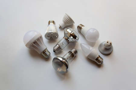 Electric lamps of various type, shape and base isolated on white background
