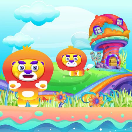 Greeting card Cute Cartoon lion. Can be used for t-shirt print kids wear fashion design baby shower invitation card.のイラスト素材