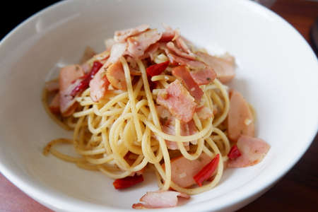 Spaghetti With Dried Chili and Bacon, homemadeの写真素材