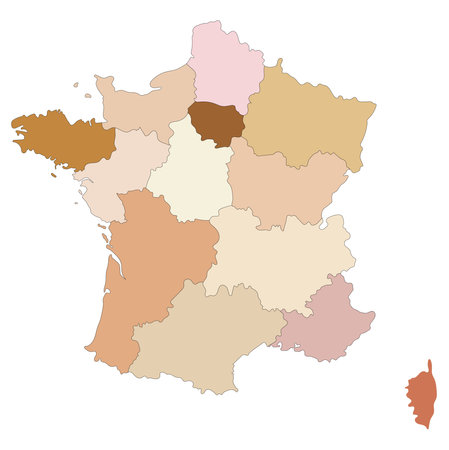 Map of France with borders of regions in pastel brown colors.のイラスト素材