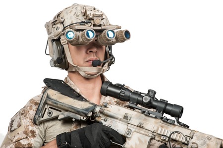 soldier man full armor hold machine gun isolatedの写真素材